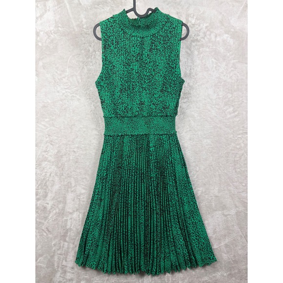 Nanette Lepore Dresses & Skirts - Nanette Lepore Green Leopard Print Pleated Mock Neck Smocked Midi Dress Size 12